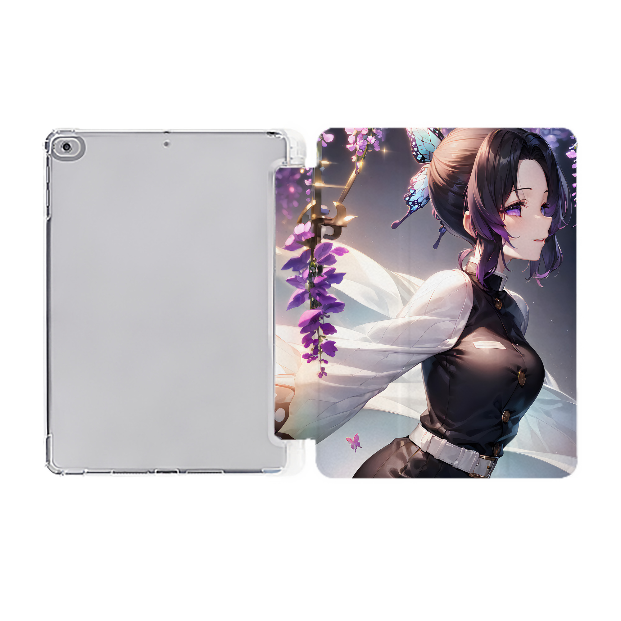（画像用） 鬼滅の刃（きめつのやいば）蟲柱-胡蝶 しのぶ／こちょう しのぶ Kochou Shinobu IPad ケース ペン収納付き 三つ折りスタンド PUレザー×シリコン 対応機種9.5/10.5/10.9インチ